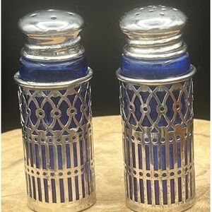 1970s Cobalt Glass Silver Plated Salt and Pepper Shakers  Japan